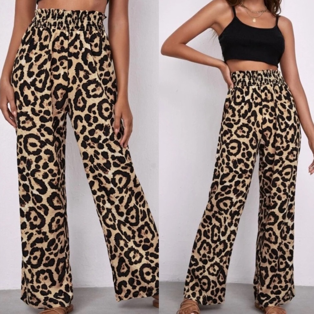 Leopard print shirted waist wide leg pants